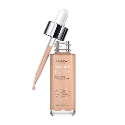 L'Oreal Paris True Match Tinted Serum Foundation, 1% acido ialuronico, formula idratante, rimpolpa la pelle in 1 ora per una finitura luminosa naturale, 30 ml, tonalità 3-4 chiaro-media