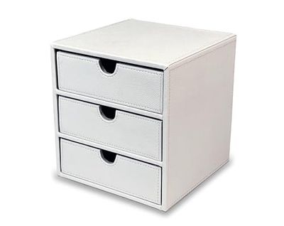 OSCO White Faux Leather 3 Drawer Chest | Small Item Storage | Stackable | Lego Container | Makeup Container | Jewellery Box | Stationery Organiser | Not A4 Size | H18.2 x W17 x D17 cm