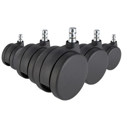 hjh OFFICE 619018 snurrstolshjul för matta Uppsättning av 5 rullar ROLO NO-Noise svart 11 mm x 75 mm, 5-pack, No noise-teknik, Högkvalitativa dubbla hjul för heltäckningsmattor