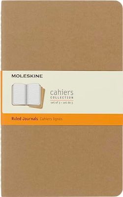 Moleskine Cahier Journal (zestaw 3 notatników z karowanymi stronami w kratkę, oprawa kartonowa i haft bawełniany, duży 13 x 21 cm, 80 stron), brązowy papier do pakowania