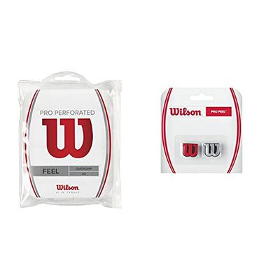 Wilson Grip Wrz4006Wh Impugnatura Pro Overgrip Perforated, Unisex, Bianco, 12 Unita & Pro Feel, Antivibrazione Con Logo Per Racchetta Unisex-Adulto, Rosso/Argento, 2 Pezzi
