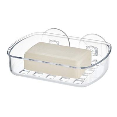 iDesign Basic Saboneteira de parede, prateleira de duche para sabão em plástico com duas fortes ventosas de fixação, transparente