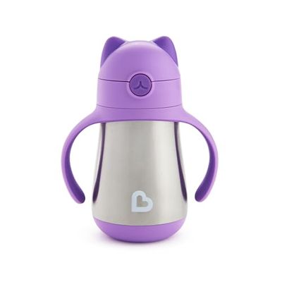 Munchkin Tasse avec Paille en Acier Inoxydable | Design Chat Cool | Tasse Sippy Bébé & Tout-Petits Sans BPA | Non-Coulante | Bouteille à Paille | 237ml | Violet