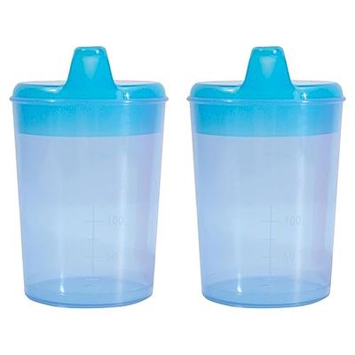 Drinking/Feeding Cup with 2 Spouts and Graduated Measurements on Side. Narrow Spout for Drinking Liquids, Wider Spout for More Solid or Blended Food. Easy to Hold and use. Reduces Risk of Spillage.