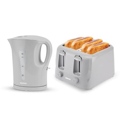 Geepas Cordless Electric Kettle & 4 Slice Bread Toaster Kitchen Combo Set | 1.7L 2200W Fast Boil Kettle |1400W Fast Toaster with 6 Level Browning Control | 2 Year Warranty, Grey
