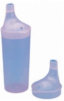 Drinking/Feeding Cup with 2 Spouts and Straw Holes. Small/Narrow Spout allows for drinking Liquids, Larger/Wider Spout for more Solid or Blended Food. Easy to hold and use. Reduces risk of Spillage.