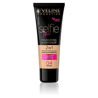 Eveline Cosmetics Selfie Time 2-in-1 Hydrating Concealer & Foundation - No 04 Natural with Hyaluronic Acid and Blue Algae, 30ml
