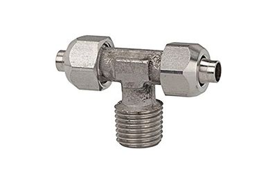 Raccord à vis en T R 1/4 a, pour tuyau 6/4 mm, SW 12/10, plage de pression max. 25 bars, Temp. -40°C à 200°C, ES 1.4404.