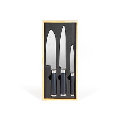 Livoo - Set de 3 couteaux type japonais en coffret bois MEC115 - couteau santoku 18cm, couteau à découper 20cm, couteau multi usages 12,5cm