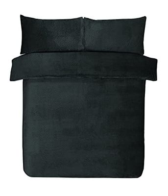 Sleepdown Waffle Fleece Thermal Warm Cosy Super Soft Duvet Cover Quilt Bedding Set with Pillow Cases - Double (200cm x 200cm) - Black