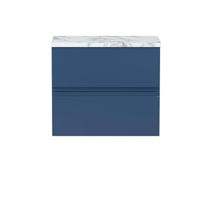 Hudson Reed URB304LCM Urban Modern Bathroom Wall Hung 2 Soft Close Drawer Vanity Unit and Carrera Marble Laminate Worktop, 600mm, Satin Blue