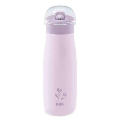 NUK Mini-Me Flip Kinderbeker met rietje, 12+ maanden, 500 ml, roestvrijstalen drinkfles voor kinderen, lekvrije drinktuit, onbreekbaar, lila bloem