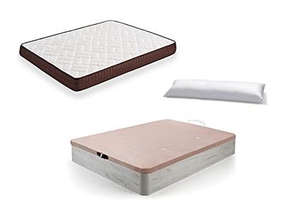 HOGAR24 ES Cama Completa - Colchón Viscobrown Reversible + Canape Abatible de Madera Color Blanco Vintage + Almohada de Fibra, 135x190 cm