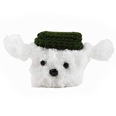Hoesje voor AirPods 1 en 2 met siliconen binnenkant en gehaakte buitenkant in de vorm van een Hond met hoed, zwart en wit