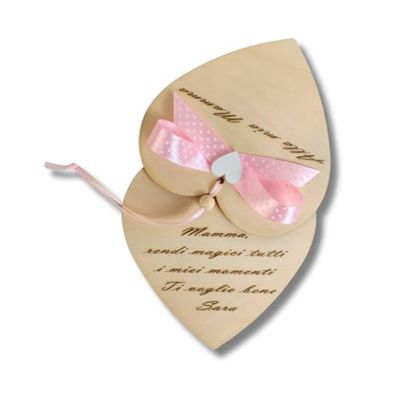 Biglietto auguri Compleanno, Festa della Mamma, cuore in legno personalizzabile con dedica - tema rosa