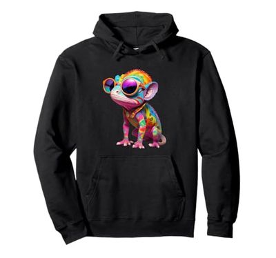 Colorful Cartoon Chameleon with Sunglasses Pullover Hoodie