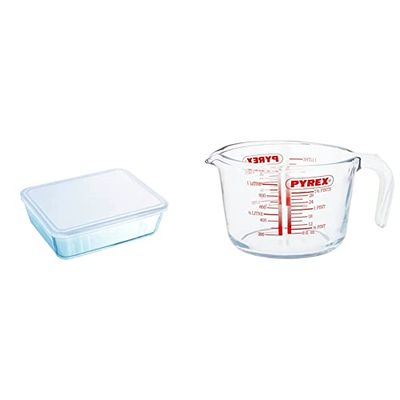 Pyrex Rectangular Dish with Plastic Lid, 0.8L & Glass Measuring Jug, Transparent, 1 Litre