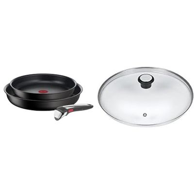 Tefal Ingenio Lot de 3 pièces, Poêles antiadhésives 24/28 cm + poignée amovible & 280975 Couvercle en Verre avec Rebord en Acier Inoxydable et Régulateur de Vapeur, 24 cm, Transparent