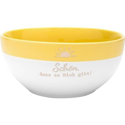 GRUSS & CO Schaal met motief Schön, dass es dich gibt | Schaal van steengoed, gekleurd geglazuurd, met Garvur en spreuk, 60 cl, geel | ontbijt, mueslikom, cadeau | 48950