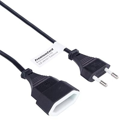 PremiumCord Câble d'Extension 230V 2m, Câble d'Extension avec Bougie en Euros et Prise Euro, Câble d'alimentation du Câble, Bouchon de Prise, Noir