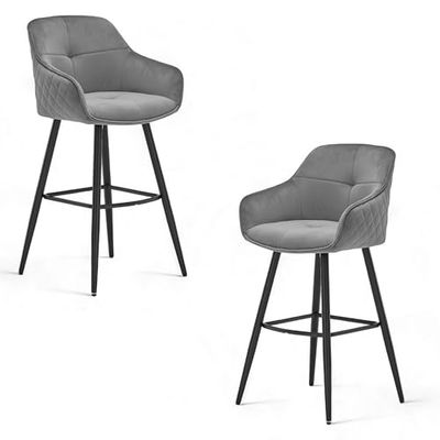 Stella Trading Emma Juego de 2 taburetes de Bar con Estructura metálica Negra, Gris-Cómodas sillas de Terciopelo para Comedor y salón, Metal, Barhocker, 2 Unidades