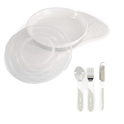 Twistshake Barnservis Set Mini + Bestick | Click-Mat Mini (31x17cm) + Barntallrik + Barnbestick 12m+ | BPA-fri Tallrik, Bordsunderlägg och Barnbestick | Träningstallrik | Vit