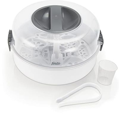 Alecto BW-04 - Esterilizador para microondas para hasta 4 biberones de 150 ml, extractores de leche, ollas, vasos y cubiertos, incluye pinzas para botellas, color blanco