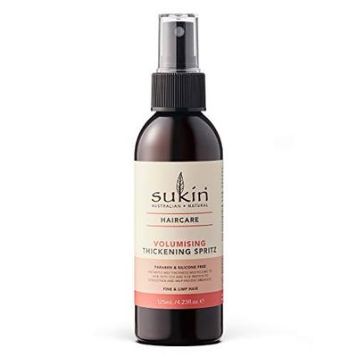 Sukin Volumising Thickening Spritz 125ml - adds thickness & volume to fine hair - with Soy & Rice protein to strengthen hair to help prevent breakage; cruelty free & vegan friendly.