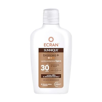 Ecran Sunnique - Leche Protectora Solar Broncea+ FPS 50, Protección Media UVB y UVA, Activa el Bronceado Natural, Sin Autobronceador, con Tecnología PureBronze, Resistente al Agua - 200 ml
