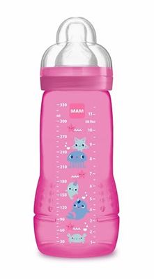 MAM Biberão, a partir de 4 meses, 330 ml, com Tetina 3 de fluxo rápido de silicone de fácil aceitação, fácil de segurar, fácil de limpar, MAM Easy Active, rosa brilhante, pack de 1 unidade