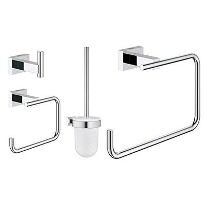 Grohe Set Accessori Bagno 3-In-1 Essentials Cube New, Cromo, Rettangolare & 40510001 Porta Salviette Ad Anello Essentials Cube, Grigio (Cromo)