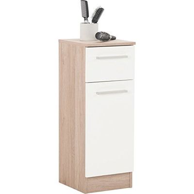 Pelipal Szafka łazienkowa Quickset 380 w kolorze białym połysk/dąb Sanremo Terra, 30 cm szerokości | szafka dolna z 1 drzwiami, 1 szufladą i 1 półką wkładaną