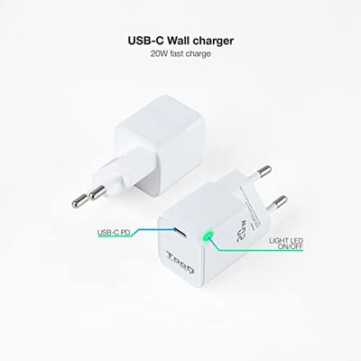 Cargador de Pared USB-C PD 20W Blanco, Compacto, rápido, Ideal para Cargar Dispositivos móviles y Accesorios electrónicos.