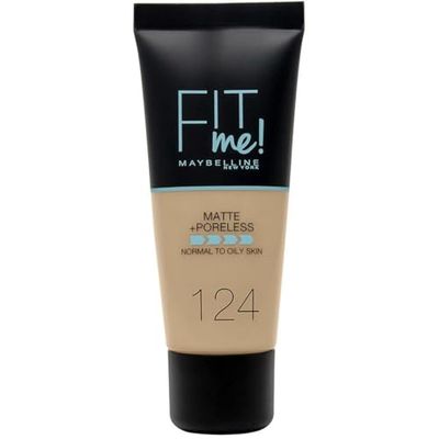 Maybelline Fit Me Foundation, Medium Coverage, Blendable With a Matte and Poreless Finish, For Normal to Oily Skin, Shade: 124 Soft Sand, 30ml