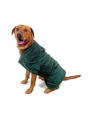 Mountain Paws Hondendrooggewaad microvezel handdoek super absorberend of puppy badjas met verstelbare kraag/capuchon en buikband zacht snel, groen
