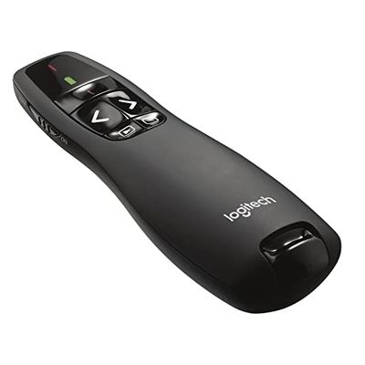 Logitech R400 Wireless Presentation Remote, 2.4 GHz, USB-mottagare, Röd laser markör, 15 meter räckvidd, 6 knappar, Intuitiv slideshow kontroll, Batteri indikator - Svart