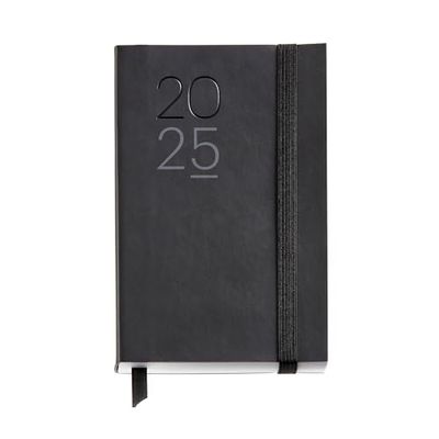 Miquelrius Agenda 2025, agenda annuel 90 x 140 mm, 1 jour par page, couverture souple imitation cuir cousu, papier 80 g/m², catalan, anglais et portugais, couleur noire