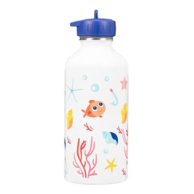 Gourde enfant Acier inoxydable DRAEGER PARIS - Facile à nettoyer - gourde réutilisable - Idéale pour voyage, parc, école - Contenance 300ml - 17 cm x 6,5 cm - Blanc - Thème : Petit Poisson Rouge