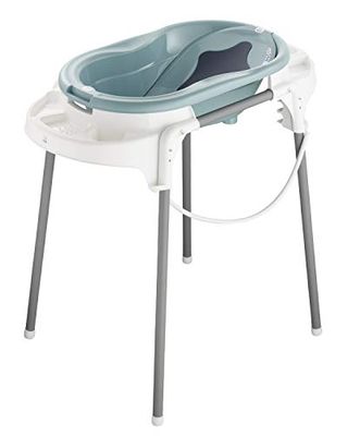 Rotho Babydesign TOP Estación de Baño, Con bañera para bebés, Soporte de baño, Inserto de baño y Manguera de derenaje, 0-12 Meses, Lagoon (Azul), 21042 0292 01