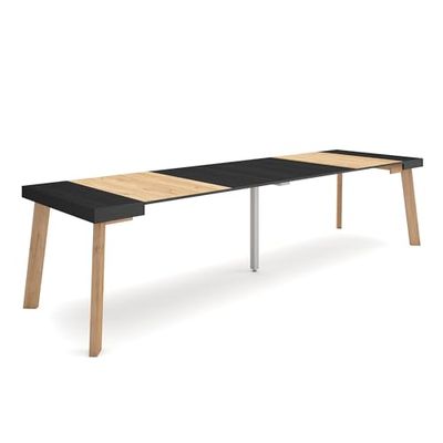 Skraut Home | Mesa Consola Extensible | Mesa Comedor Plegable | 300 | para 14 comensales | Patas de Madera | Estilo Moderno | Negro y Roble