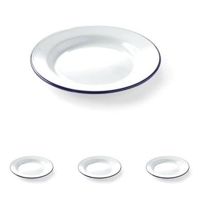 HENDI Piatto in acciaio smaltato bianco, con bordo blu, rotondo, piatto piano, per campeggio, escursioni e picnic, ø240x(H) 22mm (Confezione da 4)