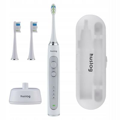 Huslog Spazzolino Elettrico Sonico per Adulti, 4 Modalità, 40.000 VPM, Timer da 2 Minuti, Promemoria Ogni 30s, Impermeabile IPX7, con 2 Testine, Custodia da Viaggio e Base di Ricarica, Bianco