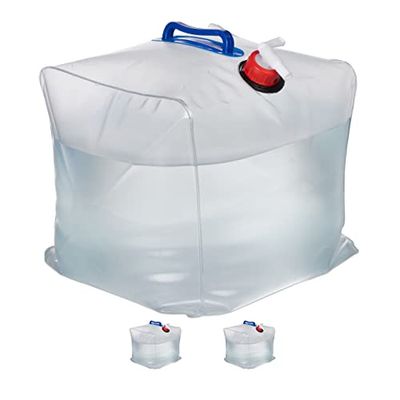 Relaxdays Vattenbehållare set om 3, 20 l, vikbar, kran, handtag, campingbehållare, BPA-fri plast, transparent