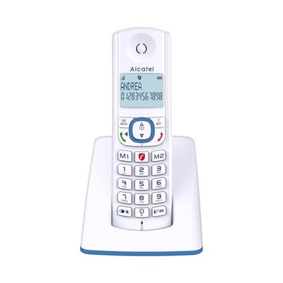 ALCATEL F530 - Téléphone Fixe Sans Fil DECT - Grand Écran Rétroéclairé - Mains Libres - Fonction Blocage Des Appels - 2 Touches De Mémoires Directes - Blanc/Bleu