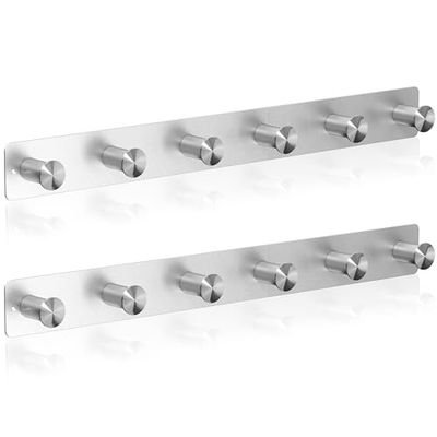 RICOO Heavy Duty Stainless Steel Wall Mounted Coat Hooks, MH025S-6x2, Elegant Hook Rack for Entryway, Kitchen, Bathroom, with 6 Durable Hooks, Silver