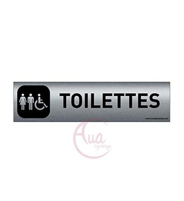 AUA SIGNALETIQUE - Plaque Aluminium brossé imprimé AluSign DARK - 200x50 mm - Double Face adhésif au dos (Toilettes mixtes)