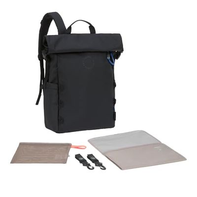 LÄSSIG Baby Changing Backpack, Changing Bag with Changing Mat, Pram Attachment, Bottle Holder, Sustainably Produced/GRE Outdoor Rolltop Backpack, Black