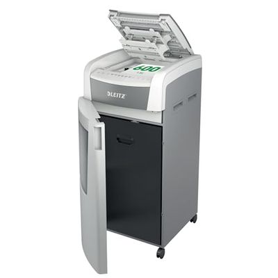 Leitz IQ 80180000 - Destructeur de Documents Coupe Micro Sécurité P5 pour Bureau, Automatique, Capacité 600 Feuilles, Corbeille 110 litres, Blanc