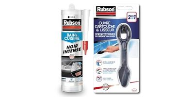 Rubson Mastic Bain & Cuisine Couleur Noir Intense, Joint silicone multi-matériaux renforcé en antifongiques, mastic sanitaire coloré, souple & étanche, 280 ml & Ouvre cartouche et lisseur