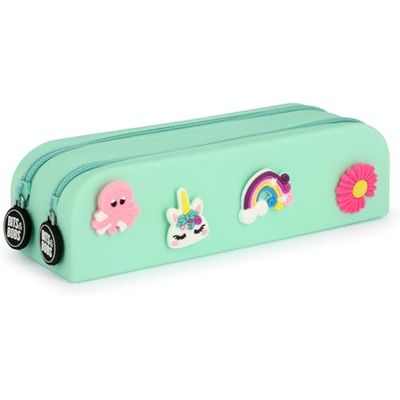 Grafoplás Estuche Silicona Pins bits&Bobs | 2 Compartimentos | 20x5,5x6,5cm | Color Mint Pastel | Incluye 8 Pins Intercambiables | Adornos por Ambas Caras Material Escolar